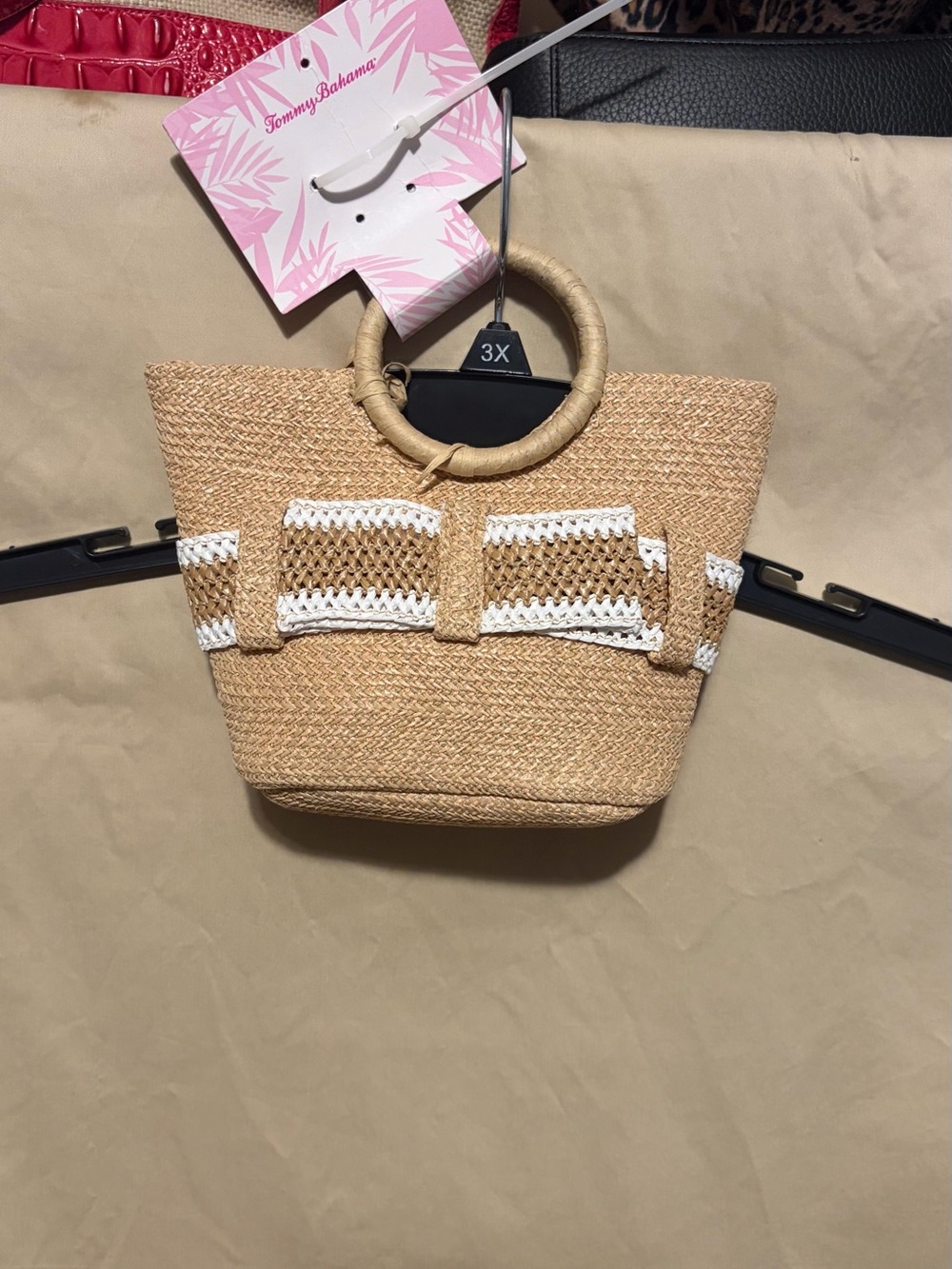 Tommy Bahama Natural Straw Mini Tote with White Trim and Round Handles